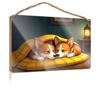 Bathroom Art Funny Two Dogs Sleeping Under A Yellow Blanket Wooded Sign Indie Room Decor Door Decorations Hanging Outdoor(15X28CM)