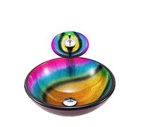 Bathroom Artistic Tempered Glass Vessel Sink Rainbow Colors Bowl Round Countertop Vanity with Waterfall Faucet and Pop Up Drain Combo
