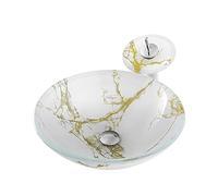 Bathroom Artistic Tempered Glass Vessel Sink Round Bowl Countertop Vanity with Waterfall Faucet and Pop Up Drain Combo (Red Green) (Yellow Green)