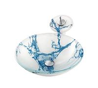 Bathroom Artistic Tempered Glass Vessel Sink Round Bowl Countertop Vanity with Waterfall Faucet and Pop Up Drain Combo (Red Green) (Blue Green)
