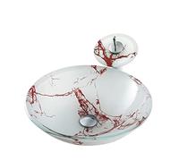Bathroom Artistic Tempered Glass Vessel Sink Round Bowl Countertop Vanity with Waterfall Faucet and Pop Up Drain Combo (Red Green) (Red Green)
