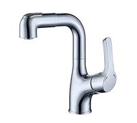 Bathroom Basin Faucet, Brass Pull-Out Single Hole Sink, Double Outlet Mode Lift-Up, 360°Rotation Hot and Cold Water Mixer Tap, Silver,B(A)