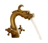 Bathroom Basin Mixer Tap All Copper Antique Hot and Cold Water Faucet Home Raised Single-Hole Wash Basin Bathroom Basin Golden Dragon-Shaped Faucet, Low Style Antique