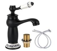 Bathroom Basin Mixer Tap, Single Lever Mono Sink Tap with 2X 600mm Flexible Hoses, Retro European Floral Ceramic Handle Monobloc Mixer Taps Faucet with Hot & Cold Dual Controls (Black)