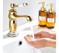 Bathroom Basin Mixer Tap, Single Lever Mono Sink Tap with 2X 600mm Flexible Hoses, Retro European Floral Ceramic Handle Monobloc Mixer Taps Faucet with Hot & Cold Dual Controls (Gold)