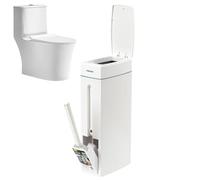 Bathroom Bin with Lid, Slim Trash Can with Toilet Brush Holder, Narrow Press-Opening Toilet Bin, Rectangular Kitchen Trash Can for Bathroom, Bedroom, Kitchen, Small Spaces