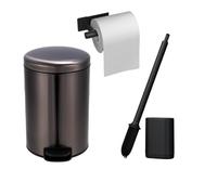 Bathroom Bin with Loo Brush & Paper Holder, 7L Slim Stainless Steel, Black | Slim Foot-Operated Pedal Bin with Removable Inner Bucket & Soft-Close Lid. Stays Open. Ideal for Bedroom & Office.