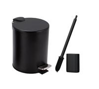Bathroom Bin with Loo Brush Set, 3L Slim Round Stainless Steel, Black | Slim Rubbish Bin with Inner Bucket & Soft-Close Pedal Lid. Fits Narrow Spaces. For Office, Makeup Room or Kitchen.