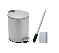 Bathroom Bin with Loo Brush Set, 3L Slim Round Stainless Steel, Grey | Slim Rubbish Bin with Inner Bucket & Soft-Close Pedal Lid. Fits Narrow Spaces. For Office, Makeup Room or Kitchen.
