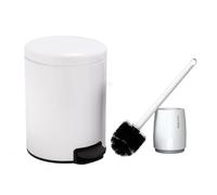 Bathroom Bin with Loo Brush Set, 5L Slim Round Stainless Steel, White | Round Slim Pedal Bin with Inner Bucket & Soft-Close Lid. Doubles as Nappy Bin for Diaper Use. Bedroom, Office or Makeup Room.