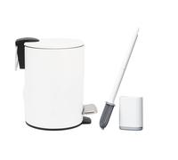 Bathroom Bin with Toilet Brush Set, 3L Slim Round Stainless Steel, White | Round Slim Steel Bin with Removable Inner Bucket & Foot Pedal. Soft-Close Lid Stays Open. For Bathroom, Bedroom, Kitchen.
