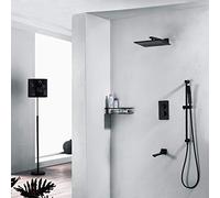Bathroom Black Straight Into The Wall Concealed Copper Constant Temperature Three Function Embedded Box 250mm Square Top Spray Shower Faucet Set Fixed Showe