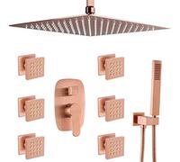 Bathroom Brass Ceiling Mount Rainfall Faucet System with 6 PCS Body Sprays Jets Mixer Brushed Rose Gold Luxury Shower Set,10 inch