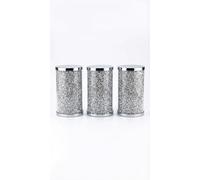 Bathroom Canister Set of 3 - Crushed Diamond Crystal Storage Jars with Chrome Lid, Bathroom Accessories for Cotton Pads, Makeup, Vanity Organizer, Decorative Bling Containers for Countertop Décor