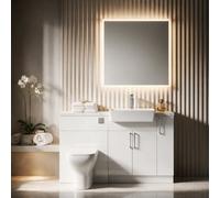Bathroom City Oliver Gloss White Fitted Bathroom Furniture Set 1400mm Vanity Unit, Basin & Toilet, White Marble Worktop, Chrome Tap & Handles