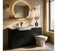 Bathroom City Oliver Matt Black Fitted Bathroom Furniture Set 1400mm Vanity Unit, Basin & Toilet, White Marble Worktop, Matt Black Tap & Handles
