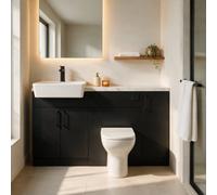Bathroom City Oliver Matt Black Fitted Bathroom Furniture Set 1500mm Vanity Unit, Basin & Toilet, White Marble Worktop, Matt Black Tap & Handles