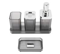 Bathroom Counter Set with Tray, Plastic Modern Style Toothbrush Holder Cup Lotion Bottles Soap Dish Bathroom Vanity Set for Home, Office (Grey)