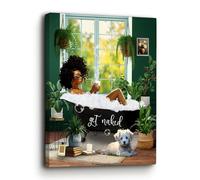 Bathroom Decor African American Wall Art Black Girl In Bathtub Canvas Wall Decor Picture Modern Green Botanical Black Woman Framed Artwork For Bathroom Bedroom 20"X24"