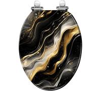 Bathroom Decor Elongated Toilet Seat, Abstract Gold Black Marble Metallic Swirls Fluid Resin, Quiet Close Quick Release Hinges, Easy to Clean and Install