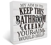 Bathroom Decor, Funny Wood Box Plaque Table Art Sign 5x5 Inch, Decorative Wood Sign for Shelf, Decoration for Kids Bathroom, My Aim is to Keep This Bathroom Clean Your