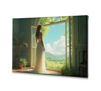Bathroom Decor Wall Art A Woman In A White Dress Stands By An Open Window Canvas Decorative Picture Wall Pictures For Living Room Bathroom Decor Wall(30x40cm)