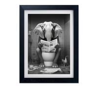 Bathroom Decor Wall Art Black and White Framed Bathroom Picture Canvas Print Elephant in Toilet Reading Newspaper Bathroom Funny Animal Artwork