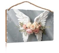Bathroom Decor Wall Art Funny Angel Wings with Floral Bouquet Wooden Sign Cool Posters for Guys Funny Bathroom Signs(20X30CM)