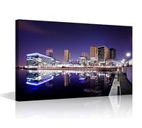 Bathroom Decor Wall Art Manchester Skyline Printed Wall Paintings Canvas Wall Art Wall Decoration for Living Room Decor Panoramic Sunset Downtown Wall Pictures Framed Ready to Hang (36"W x 24"H)
