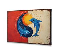 Bathroom Decor Wall Art Two Dolphins Facing Each Other With A Sun In The Background. Canvas Decorative Picture Wall Pictures For Living Room Bathroom Decor Wall(20x30cm)