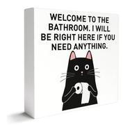 Bathroom Decor Wooden Box Sign, Funny Toilet Table Decoration Guest Restroom Washroom Decor, Welcome to The Bathroom Housewarming Gifts for Women Men Cat Lover New Home House