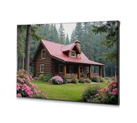 Bathroom Decorations A Cozy Log Cabin Nestled In A Lush, Flower-Filled Garden. Canvas Decorative Picture Shabby Chic Decor Bathroom Wall Art(20x30cm)