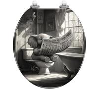 Bathroom Decorative Resin Toilet Seat Whimsical Black White Vintage Elephant Illustration Quiet Close Quick Release Hinges Easy Install with Cover