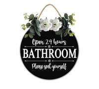 Bathroom Door Sign With Humorous Saying, Open 24 Hours Please Seat Yourself Rustic Wood Round Sign, Farmhouse Washroom Wall Hanging With Bow And Wreath, 30x30 CM Bathroom Decor For Home