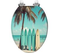 Bathroom Elongated Toilet Seat Surfer's Paradise Palm Trees Surfboards Sandy Beach Resin with Quiet Close Quick Release Hinges Decorative Easy to Clean with Cover