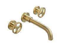 Bathroom Faucet 3 Hole Basin Mixer Tap Industrial Style Brass Bathroom Sink Faucet Wall Mounted Basin Tap 2 Handle Lavatory Faucet with Hot and Cold Water,Brushed Gold