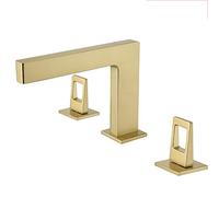 Bathroom Faucet, Brass Bathroom Sink Faucet with Waterfall Spout, Double Hollow Handle 3 Hole Basin Mixer Tap with Hot and Cold Water Deck Mounted Creative Lavatory Faucet,Brushed Gold
