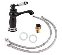 Bathroom Faucet Single Handle, Brass Waterfall Spout | Ceramic floral handle, hot cold mixer, deck mount single hole, mesh outlet aerator, basin sink with hoses