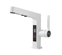 Bathroom Faucet with LED Digital Display, Bathroom Sink Faucet with 2- Modes Pull Down Sprayer, Brass Single Handle Basin Mixer Tap,Gray