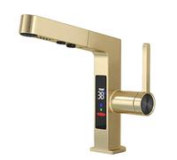 Bathroom Faucet with LED Digital Display, Bathroom Sink Faucet with 2- Modes Pull Down Sprayer, Brass Single Handle Basin Mixer Tap,Gray