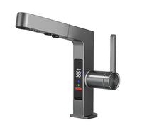 Bathroom Faucet with LED Digital Display, Bathroom Sink Faucet with 2- Modes Pull Down Sprayer, Brass Single Handle Basin Mixer Tap,Gray