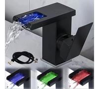 Bathroom Faucet with LED Lights, Black, Waterfall Faucet, 3 Colors, Hot and Cold Water Faucet, Modern Single Lever Mixer Tap for Bathroom (24" Hoses Included)