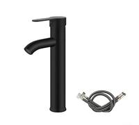 Bathroom faucet with single handle lever and 60CM hoses, stainless steel body, fits above counter basin sinks, supports hot and cold water supply (Black)