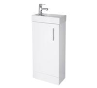 NUIE NVX192 Vault Modern Bathroom Single Soft Close Door Floor Standing Vanity Unit with 1 Tap Hole Ceramic Basin, 400mm, Gloss White, H: 781mm, W, D: 222mm, Set of 2 Pieces