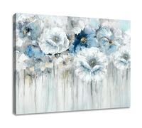Bathroom Flower Picture Wall Art Blue and White Floral on Canvas Print with Gold Accents for Gray Bedroom Decor 20 x 16