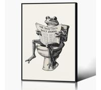 Bathroom Frog Poster, Funny Frog on Toilet Canvas Wall Art, Black and White Bathroom Wall Art, Funky Frog Reading Newspaper Print, Quirk Animal Picture for Restroom Guestroom 30x40cm Unframed