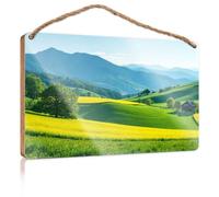Bathroom Funny Signs A Picturesque Landscape with Rolling Green Hills, Vibrant Yellow Fields Plain Wood Signs for Crafts Door Decor(20X30CM)