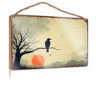 Bathroom Funny Signs A Silhouette of A Crow Perched On A Bare Tree Branch Against Plain Wood Signs for Crafts Door Decor(23X35CM)