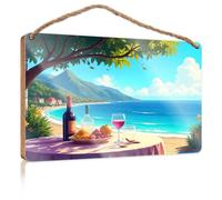Bathroom Funny Signs A Table with Wine, Fruit, and A View of The Ocean Plain Wood Signs for Crafts Door Decor(20X30CM)