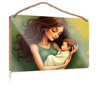 Bathroom Funny Signs A Woman Cradles Her Sleeping Baby, Surrounded By Swirling Patterns Plain Wood Signs for Crafts Door Decor(23X35CM)
